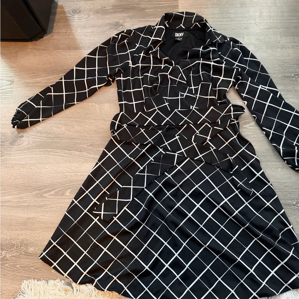 DKNY Long Sleeve Black and White Grid Dress
